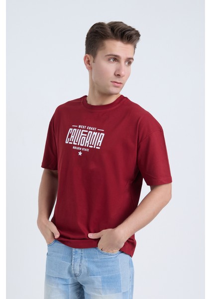 Erkek Oversize Baskılı T-Shirt Bordo California modelleri