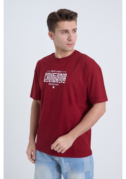 Erkek Oversize Baskılı T-Shirt Bordo California indirimleri