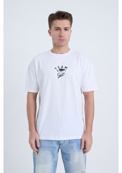 Erkek Oversize Baskılı T-Shirt Beyaz Team