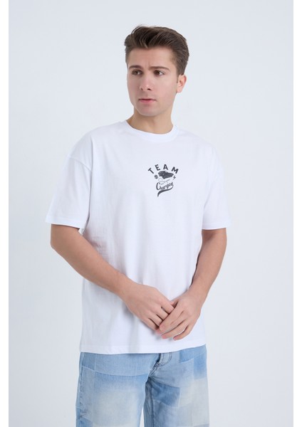 Erkek Oversize Baskılı T-Shirt Beyaz Team