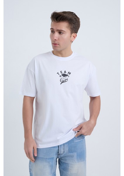 Erkek Oversize Baskılı T-Shirt Beyaz Team