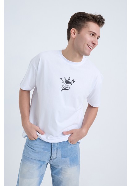 Erkek Oversize Baskılı T-Shirt Beyaz Team