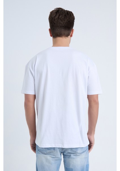 Erkek Oversize Baskılı T-Shirt Beyaz Team