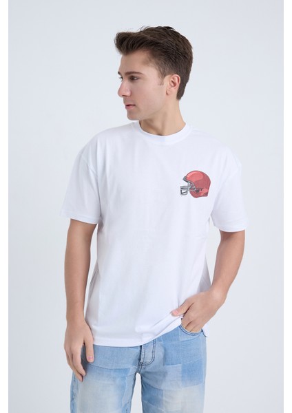 Erkek Oversize Baskılı T-Shirt Beyaz Football Helmet fiyatları