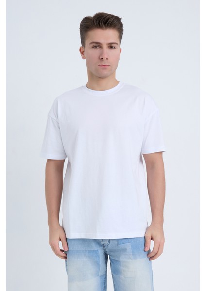 Erkek Oversize Basic T-Shirt Beyaz