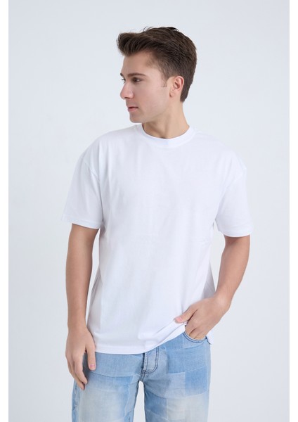 Erkek Oversize Basic T-Shirt Beyaz