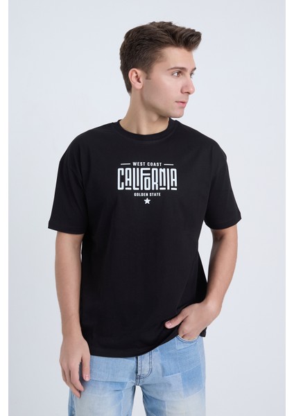 Erkek Oversize Baskılı T-Shirt Siyah California fiyatları