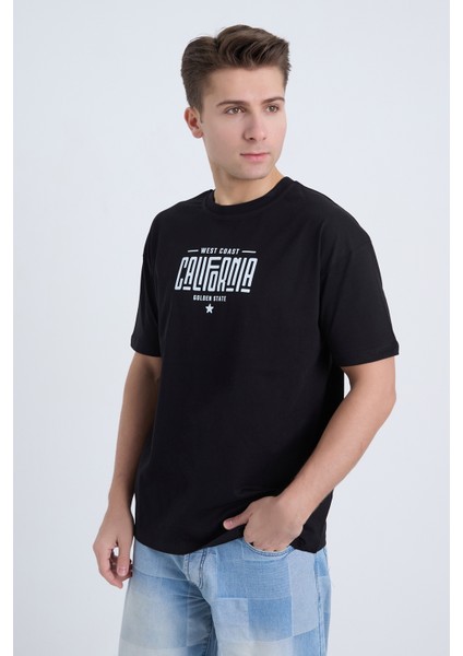 Erkek Oversize Baskılı T-Shirt Siyah California modelleri