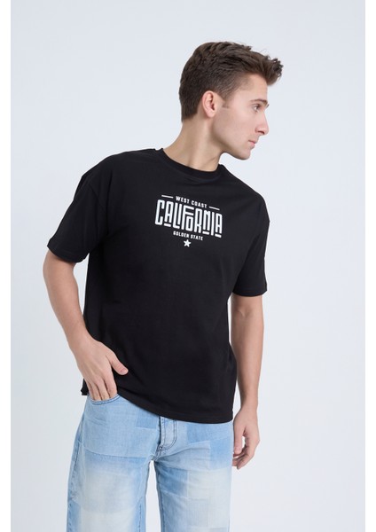 Erkek Oversize Baskılı T-Shirt Siyah California fırsatları