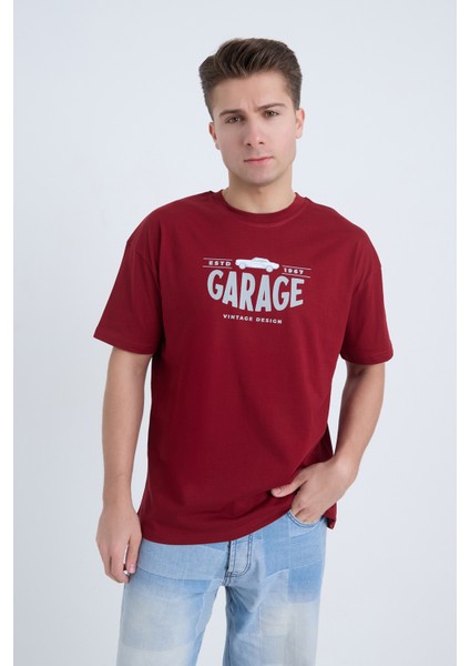 Erkek Oversize Baskılı T-Shirt Bordo Garage