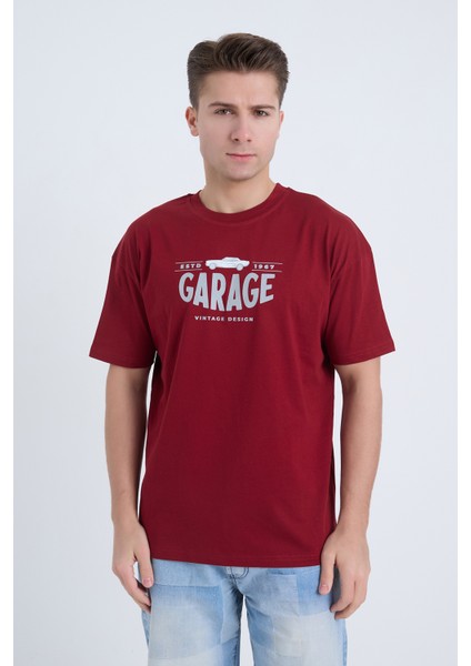 Erkek Oversize Baskılı T-Shirt Bordo Garage