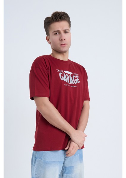 Erkek Oversize Baskılı T-Shirt Bordo Garage