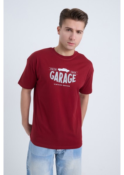Erkek Oversize Baskılı T-Shirt Bordo Garage