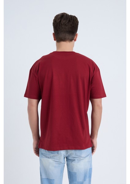 Erkek Oversize Baskılı T-Shirt Bordo Garage