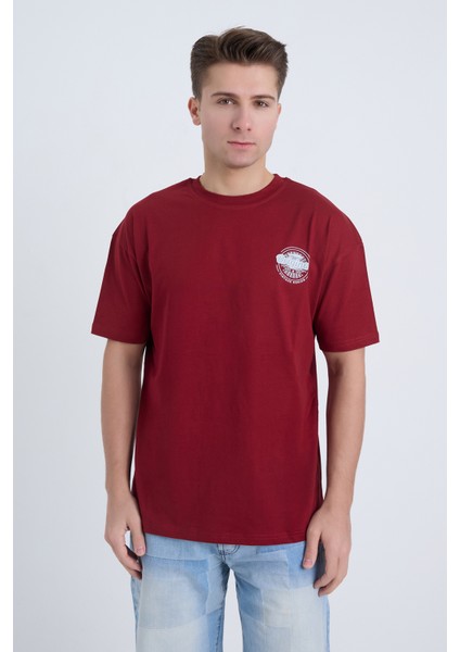 Erkek Oversize Baskılı T-Shirt Bordo Original Vintage