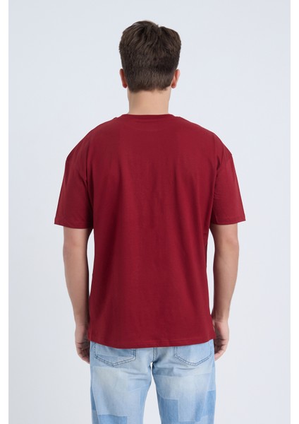 Erkek Oversize Baskılı T-Shirt Bordo Original Vintage modelleri