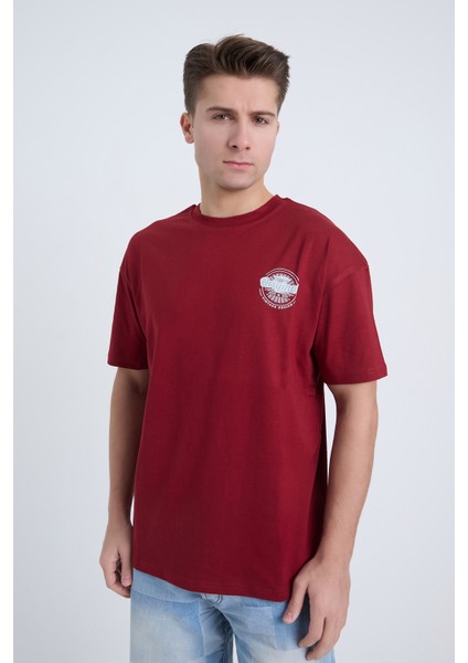 Erkek Oversize Baskılı T-Shirt Bordo Original Vintage indirimleri