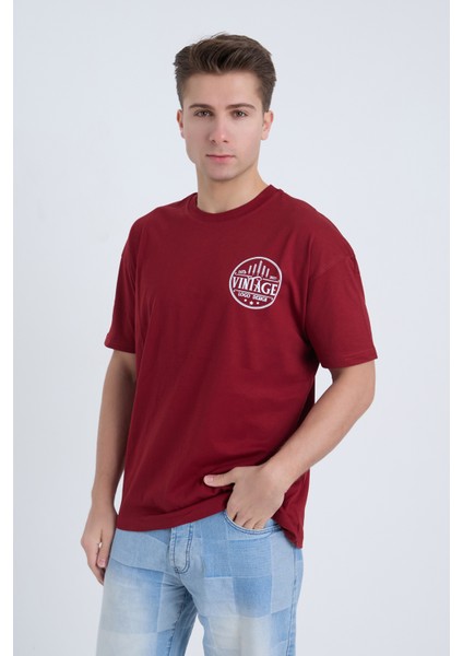 Erkek Oversize Baskılı T-Shirt Bordo Vintage 2021