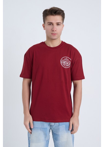 Erkek Oversize Baskılı T-Shirt Bordo Vintage 2021 fiyatları