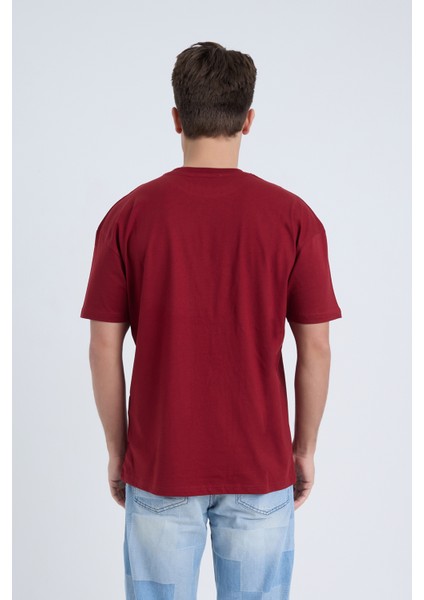 Erkek Oversize Baskılı T-Shirt Bordo Vintage 2021 modelleri