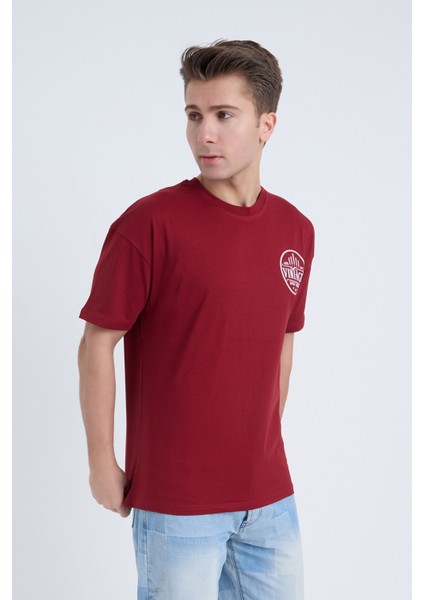 Erkek Oversize Baskılı T-Shirt Bordo Vintage 2021 fırsatları