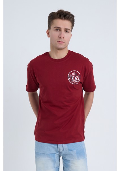 Erkek Oversize Baskılı T-Shirt Bordo Vintage 2021 indirimleri