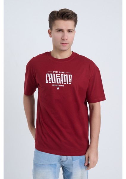 Erkek Oversize Baskılı T-Shirt Bordo California