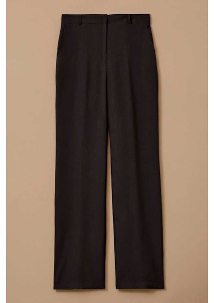 Kadın Bol Paça Keten Pantolon - Siyah