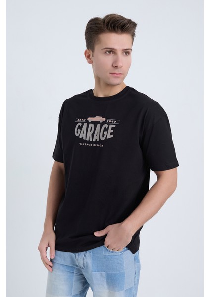 Erkek Oversize Baskılı T-Shirt Siyah Garage