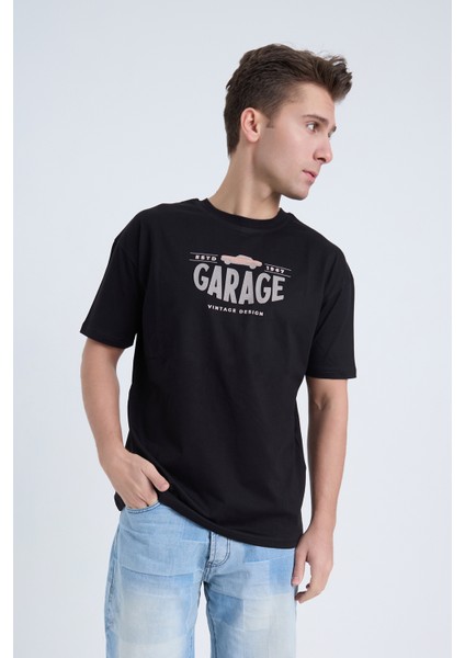 Erkek Oversize Baskılı T-Shirt Siyah Garage fiyatları