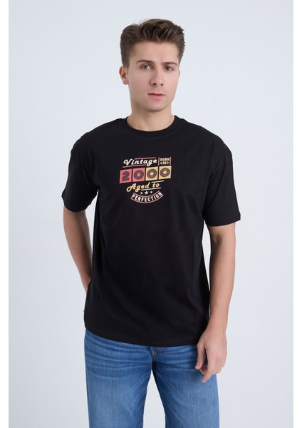 Erkek Oversize Baskılı T-Shirt Siyah 2000