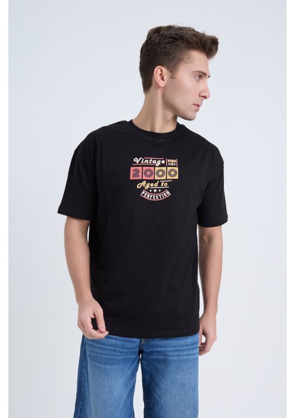 Erkek Oversize Baskılı T-Shirt Siyah 2000