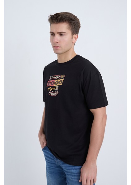 Erkek Oversize Baskılı T-Shirt Siyah 2000