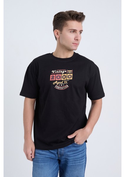 Erkek Oversize Baskılı T-Shirt Siyah 2000