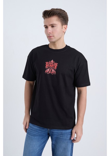 Erkek Oversize Baskılı T-Shirt Siyah We Must Sail