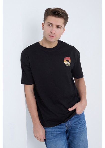 Erkek Oversize Baskılı T-Shirt Siyah Kangaroo