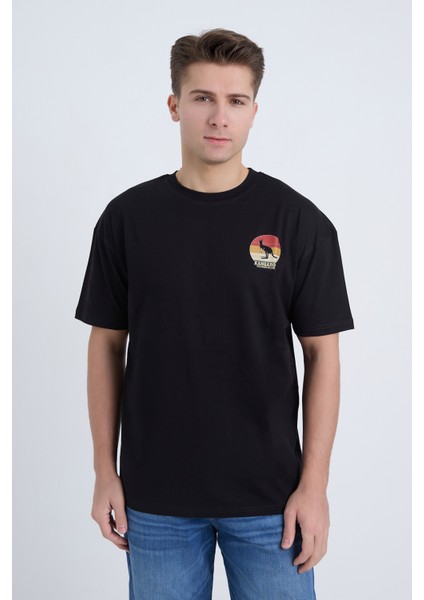Erkek Oversize Baskılı T-Shirt Siyah Kangaroo