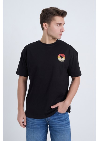 Erkek Oversize Baskılı T-Shirt Siyah Kangaroo