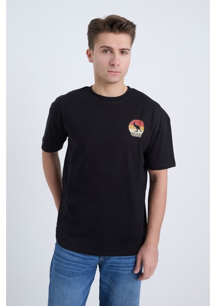 Erkek Oversize Baskılı T-Shirt Siyah Kangaroo