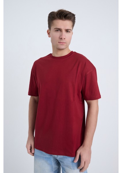 Erkek Oversize Basic T-Shirt Bordo