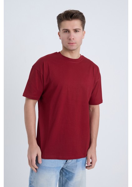 Erkek Oversize Basic T-Shirt Bordo