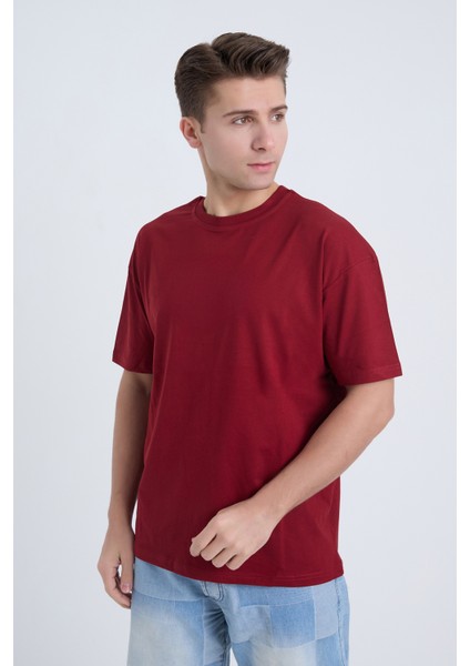 Erkek Oversize Basic T-Shirt Bordo