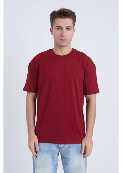 Erkek Oversize Basic T-Shirt Bordo