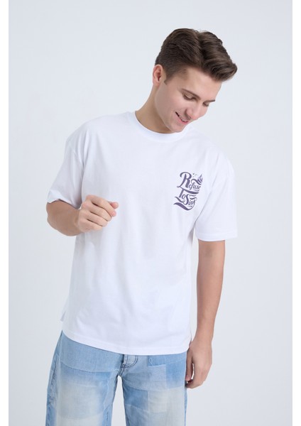 Erkek Oversize Baskılı T-Shirt Beyaz Refuse To Sink