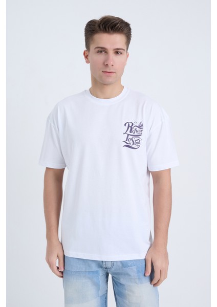 Erkek Oversize Baskılı T-Shirt Beyaz Refuse To Sink