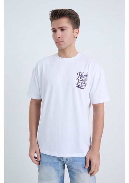 Erkek Oversize Baskılı T-Shirt Beyaz Refuse To Sink