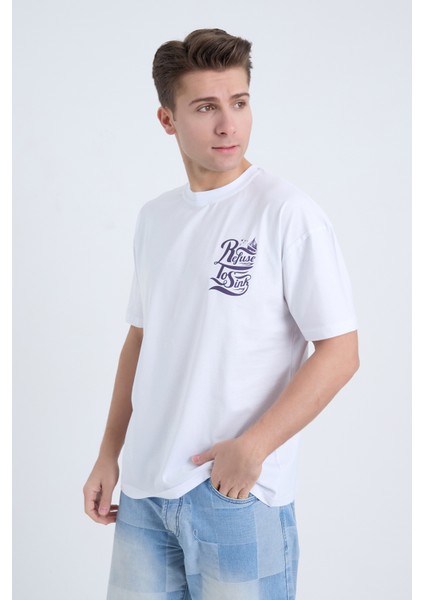Erkek Oversize Baskılı T-Shirt Beyaz Refuse To Sink