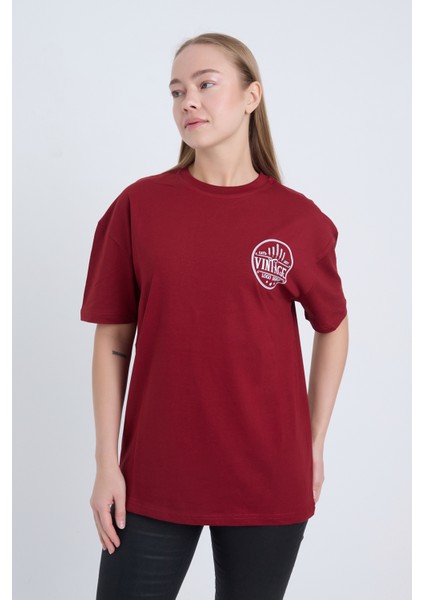 Kadın Oversize Baskılı T-Shirt Bordo Vintage