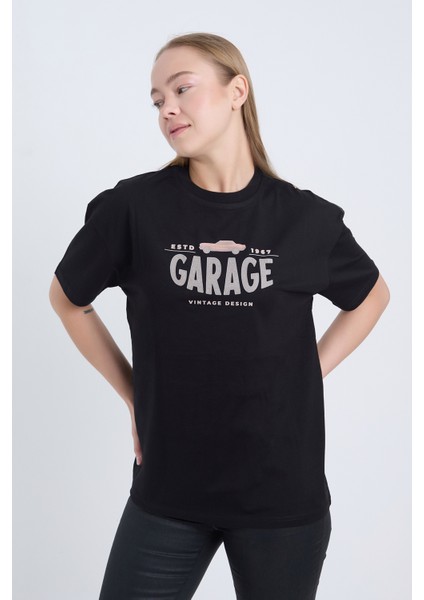 Kadın Oversize Baskılı T-Shirt Siyah Garage