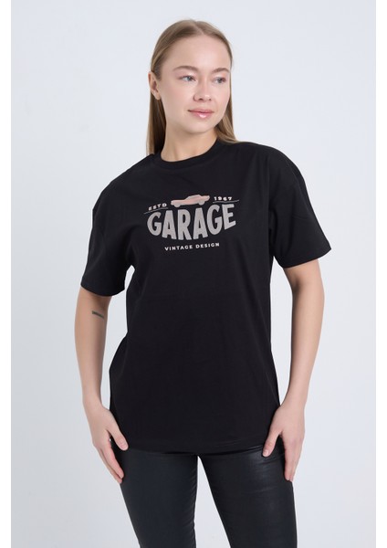 Kadın Oversize Baskılı T-Shirt Siyah Garage fiyatları